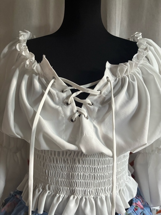 Tops - White Smocked Renaissance Peasant Blouse Lace Up with Sleeves XL